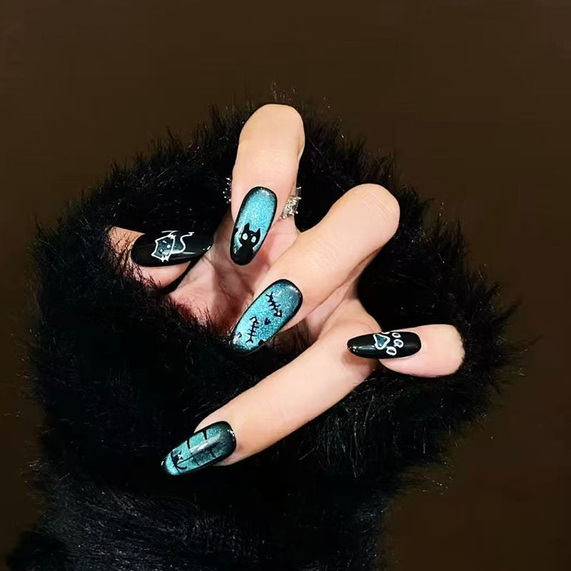 Teal Cat-Eye Press-On Nails — Dark Grunge Doodle Cat Mid-Length Almond Nails