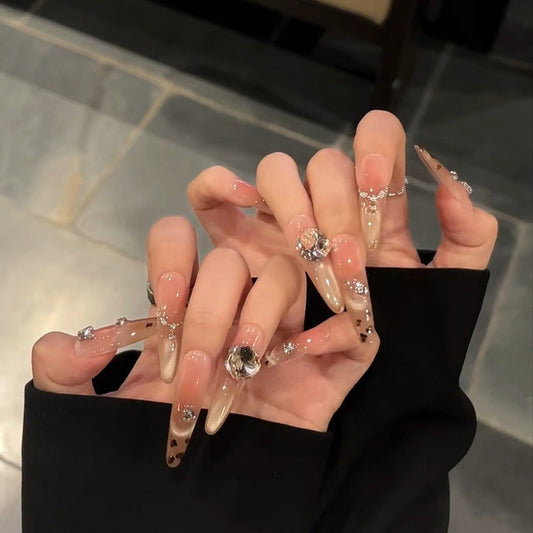 Caramel Safari Leopard Cat-Eye Crystal Press-On Nails — Champagne Glam