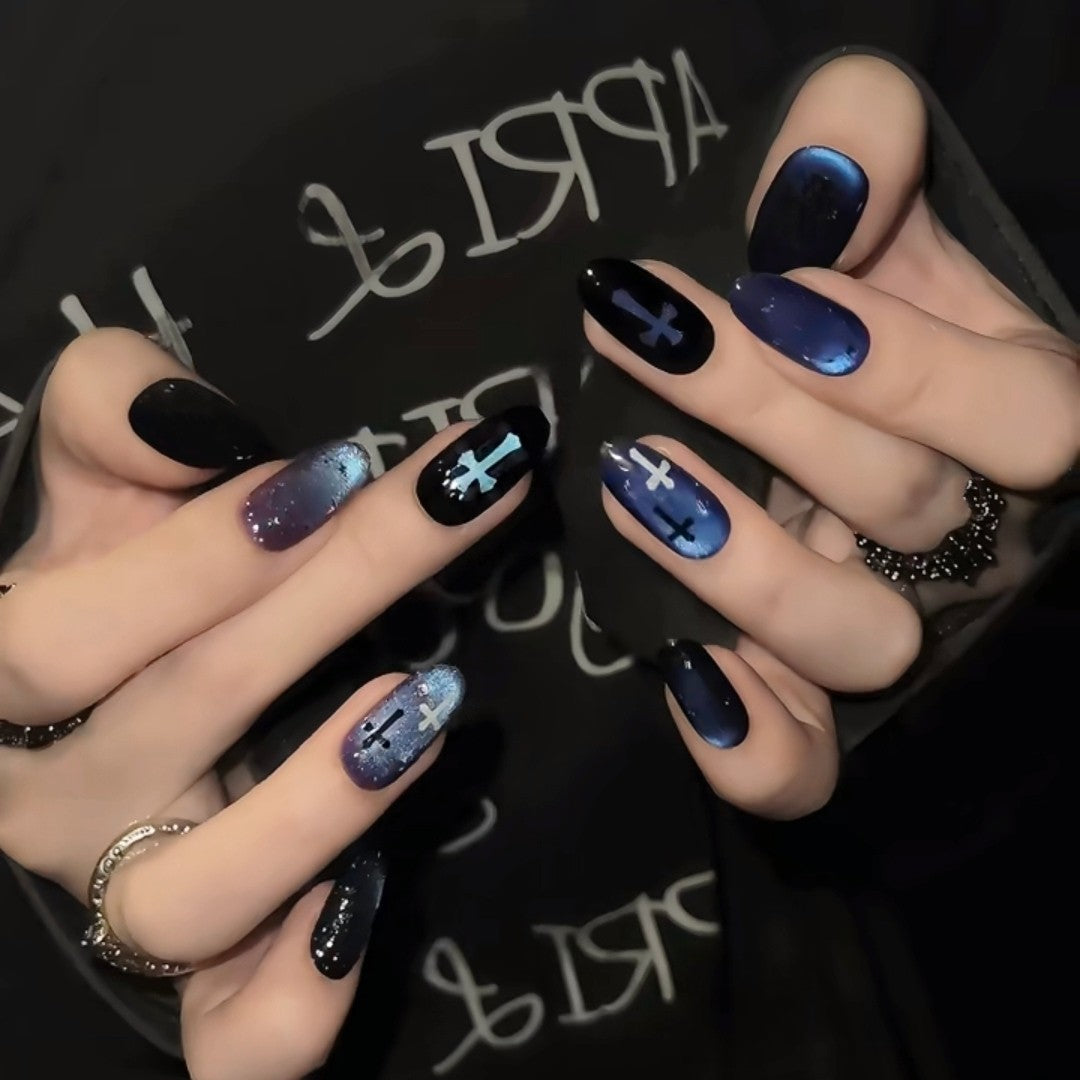 Blue Black Cross Cat-Eye Short Oval Press-On Nails