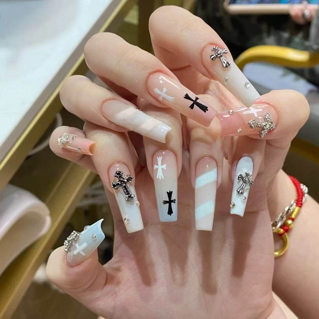 Milky White Cross Charm Press-On Nails - Gothic Cute Long Coffin Fake Nails