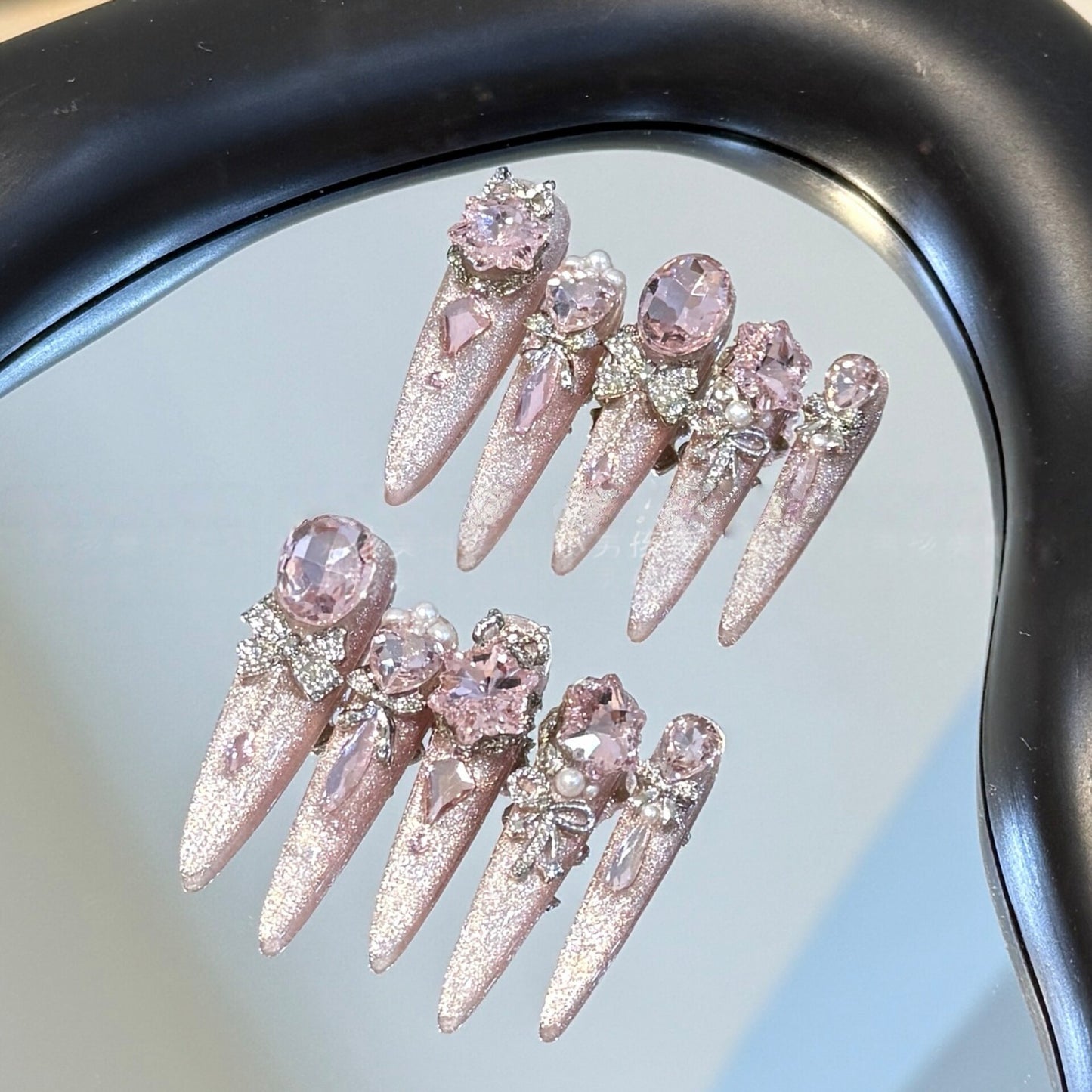 Handmade Pink Cat-Eye Press-On Nails - Luxury Rhinestone Reusable False Nails