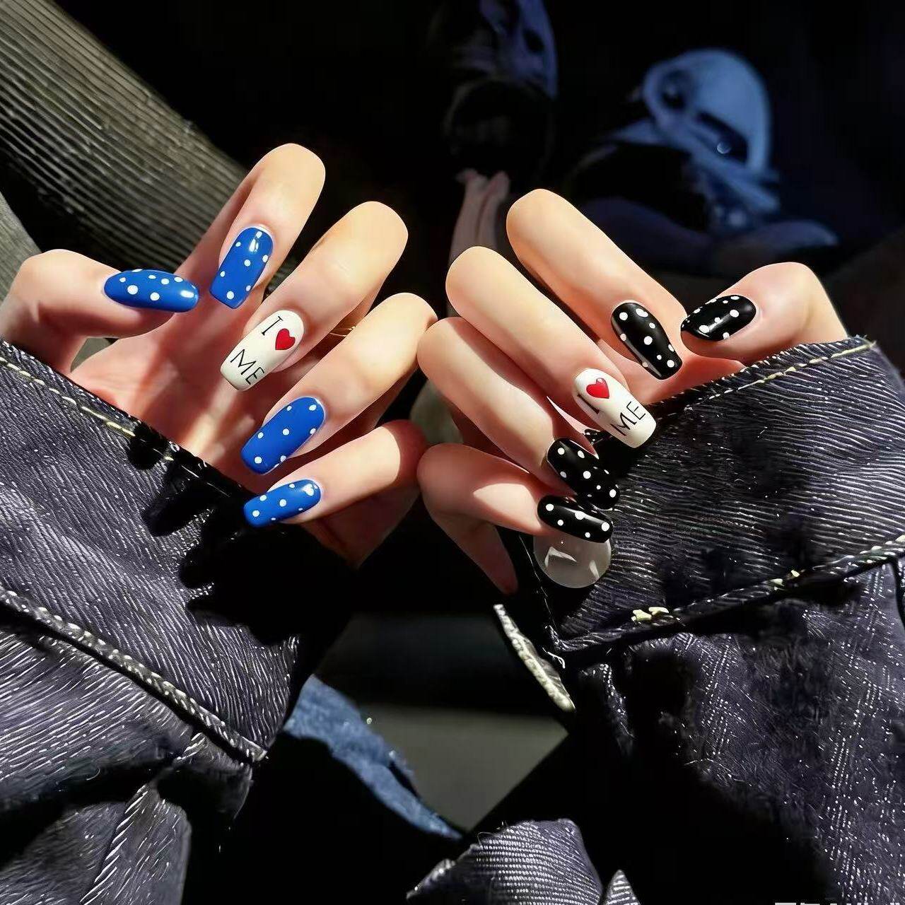 Blue Black Polka Dot Heart Press-On Nails - Retro Y2K Medium Long Oval Fake Nails