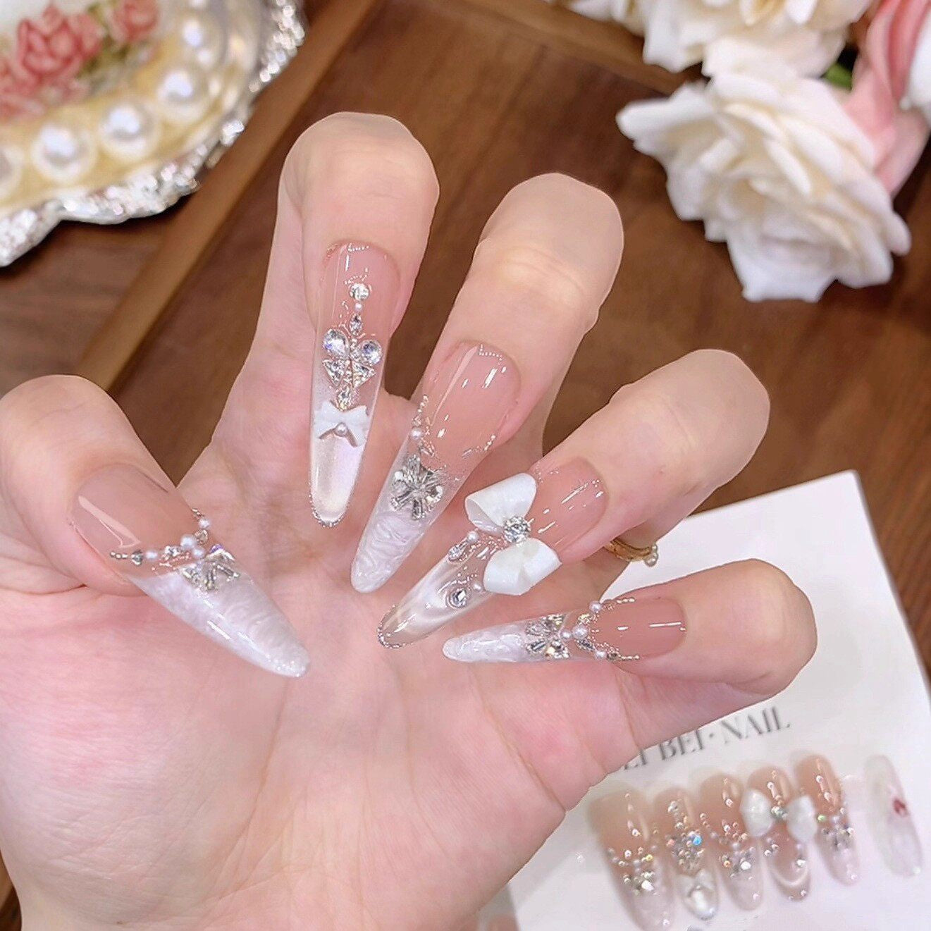 Pink Cat-Eye Bow Press-On Nails - Handmade Winter Luxe False Nails (6 Shapes)