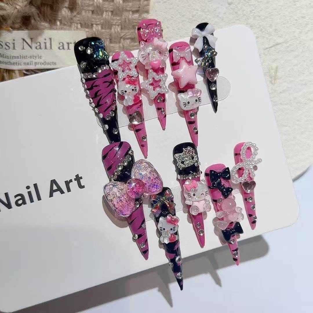 Hand-Painted Pink Zebra Press-On Nails — Extra Long Stiletto Y2K Statement Set
