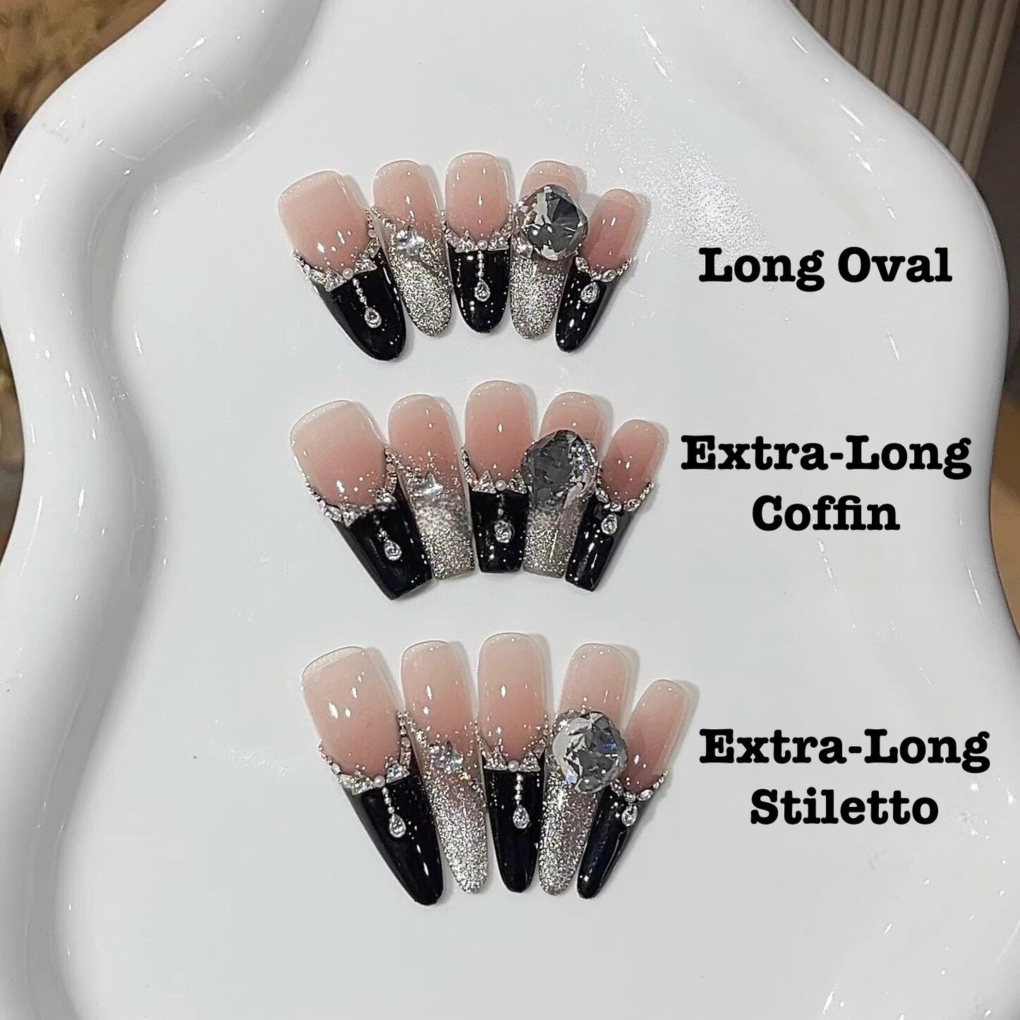 Midnight Eclipse Black French Cat-Eye Crystal Press-On Nails — Silver Sparkle