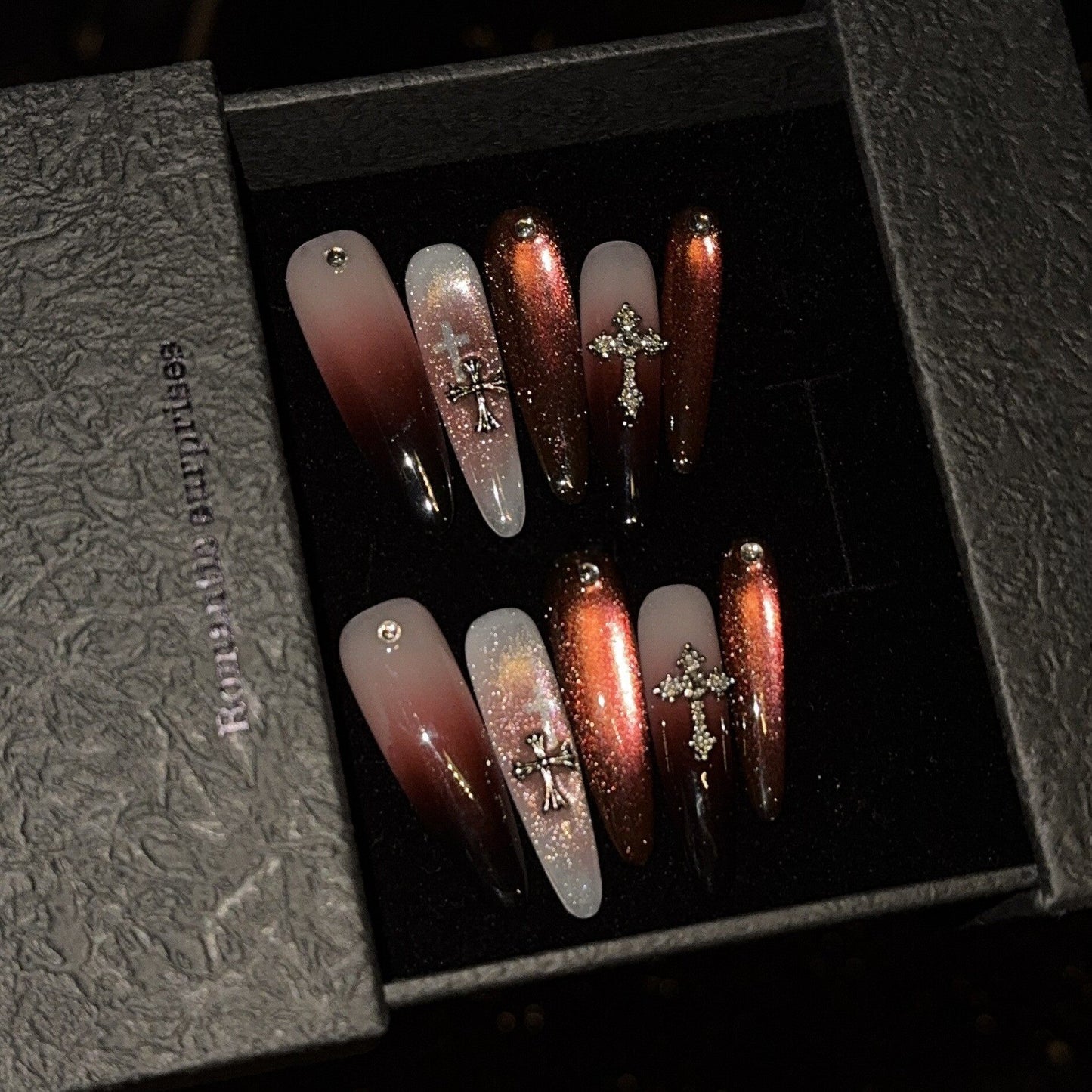 Blood Red Gothic Cross Cat-Eye Press-On Nails - Handmade Long Reusable Fake Nails
