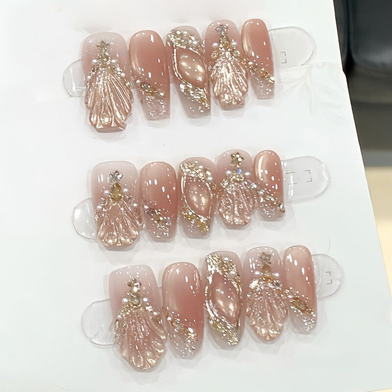 Mermaid Cat-Eye Press-On Nails - Glitter Mid-Length Handmade False Nails (3 Shapes)