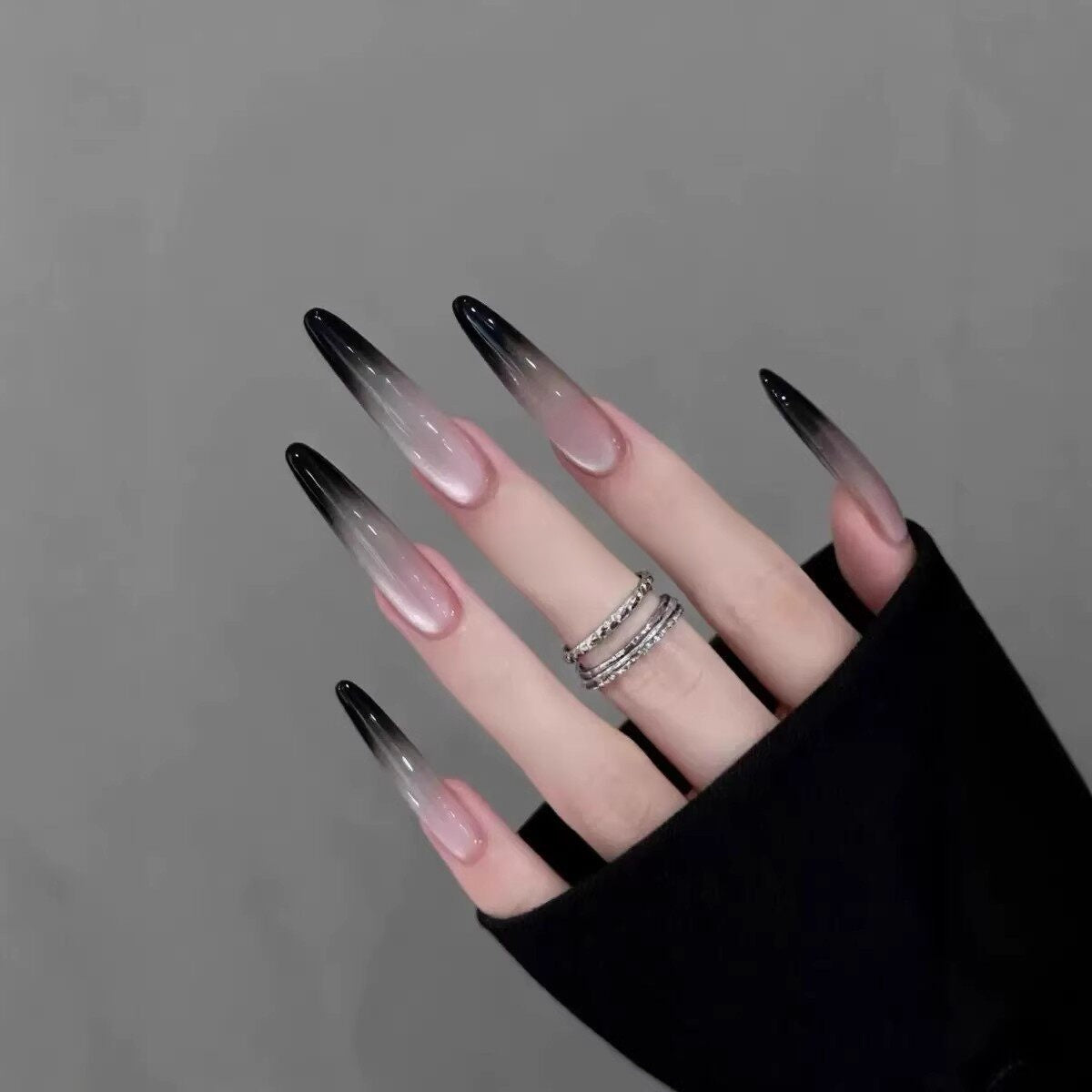Midnight Siam Smoky Black Cat-Eye Press-On Nails — Glass-Like Ombré