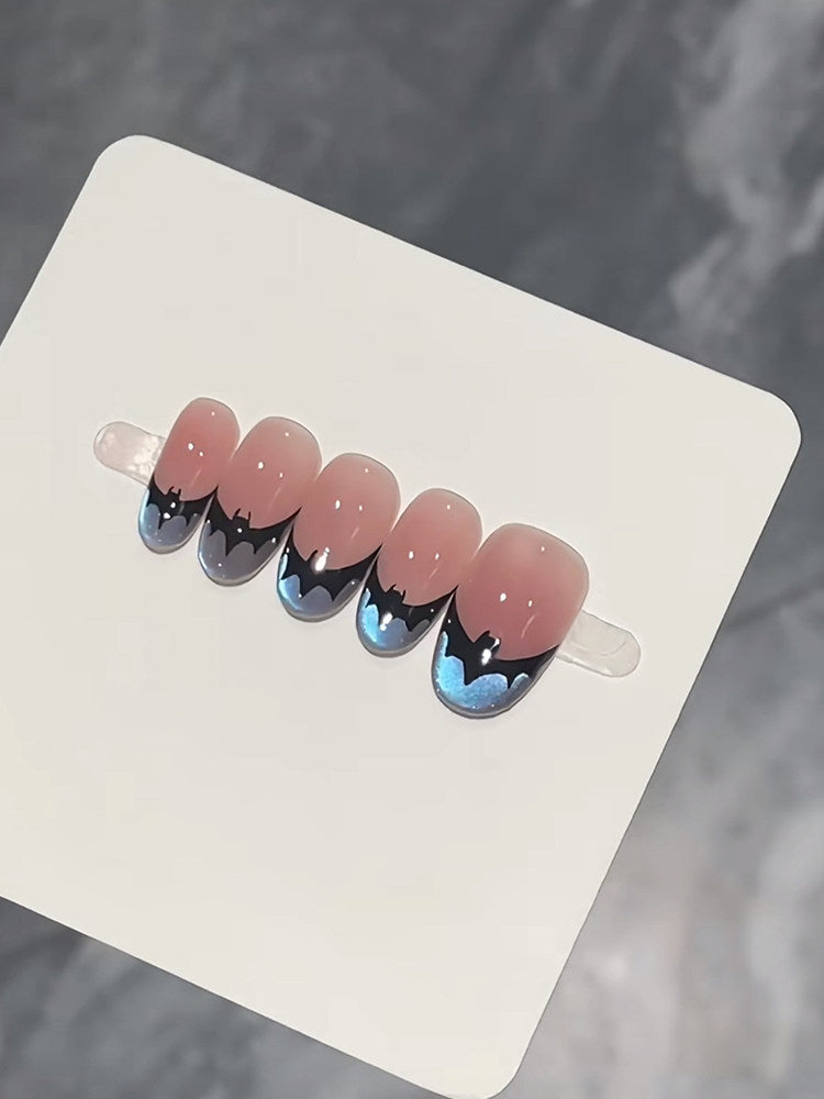 Glow-in-the-Dark Halloween Bat Press-On Nails - Blue Cat-Eye Handmade False Nails