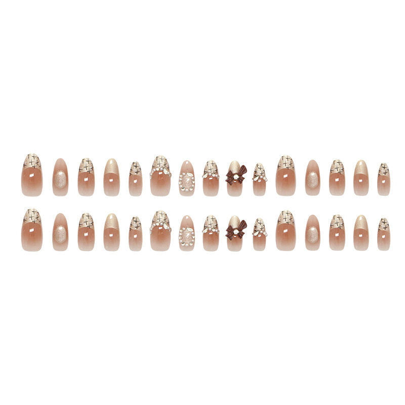 Chic Short Cat-Eye Bow Rhinestone Press-On Nails - 30-Piece Glue-On Set
