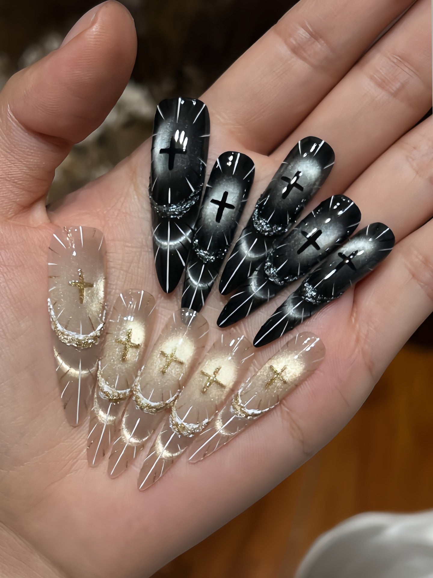 Gothic Cross French Cat-Eye Press-On Nails - Handmade Long Statement False Nails (3 Shapes)
