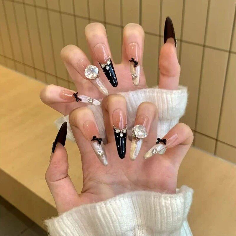 Handmade French Polka-Dot Bow Press-On Nails - Glitter Cat-Eye Rhinestone Long Stiletto