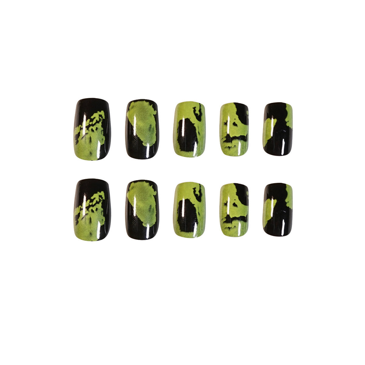 Black Green Graffiti Press-On Nails — Long Edgy Y2K Neon Statement Set