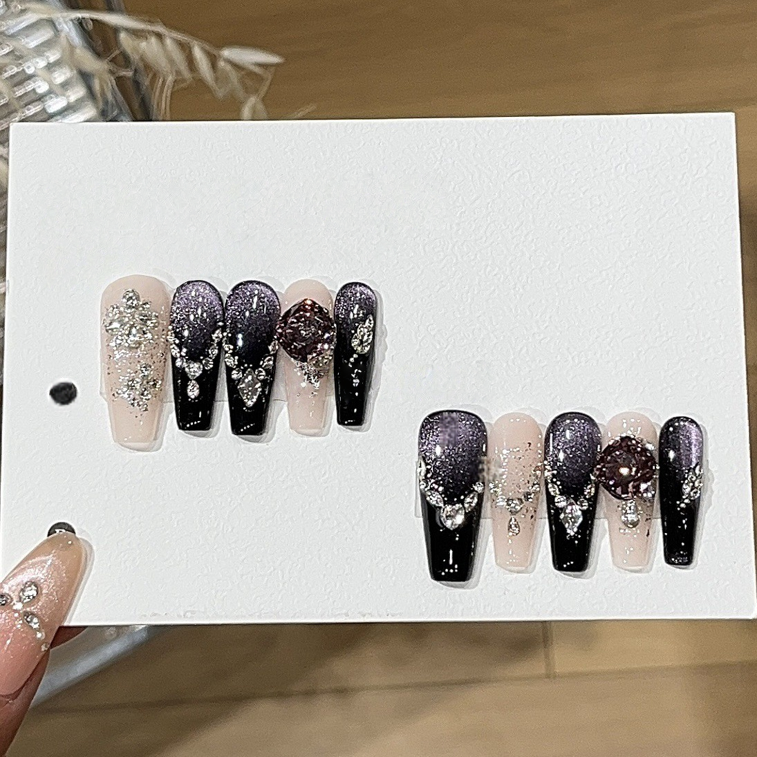 Violet Cat-Eye Long Press-On Nails | Handmade Stacked Gems