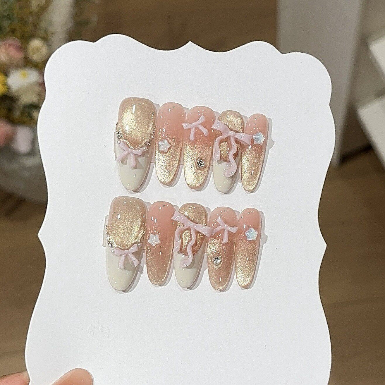 Dreamy Pink Ombre Cat-Eye Press-On Nails with Bow Charm