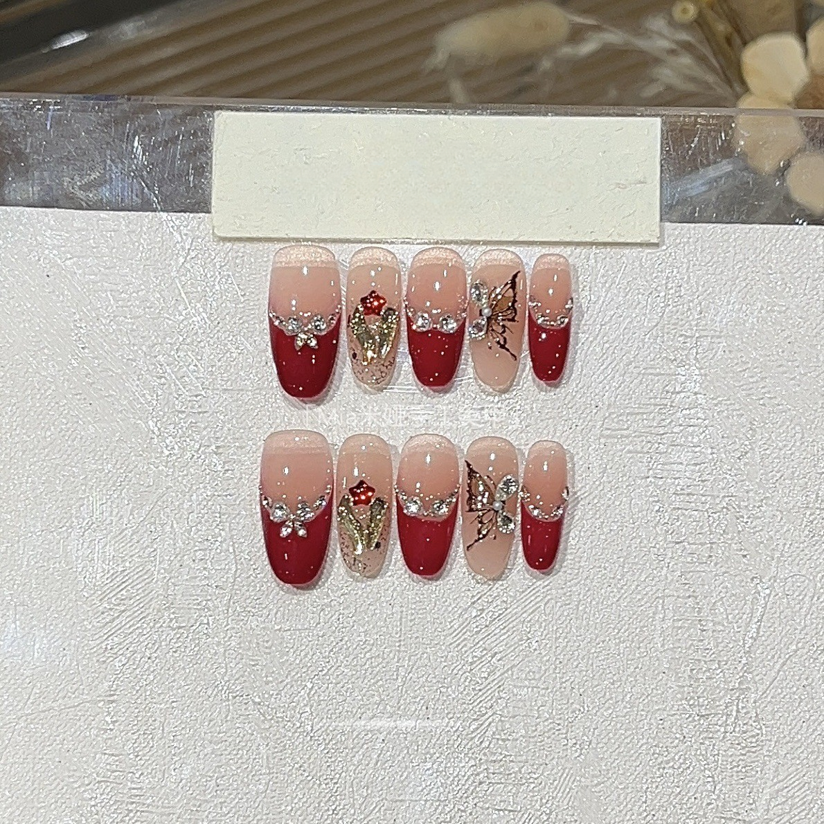 Dark Red Butterfly | Red French Rhinestone Press-On Nails