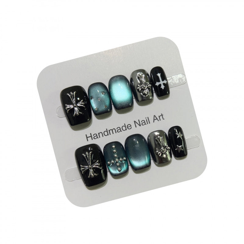 Midnight Blue Gothic Cross Cat-Eye Press-On Nails - New Short Square False Nails