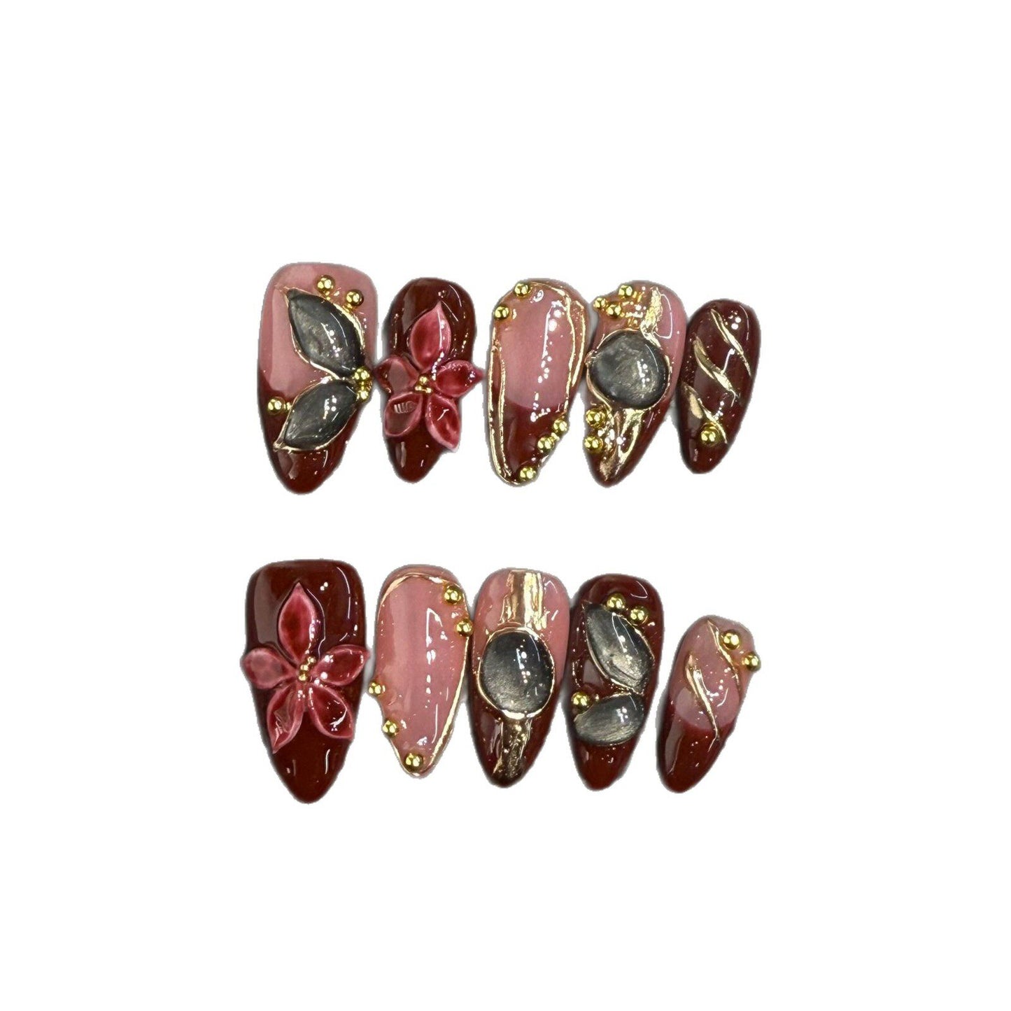 3D Carved Baroque Press-On Nails — Vintage Burgundy Flower Reusable Fake Nails