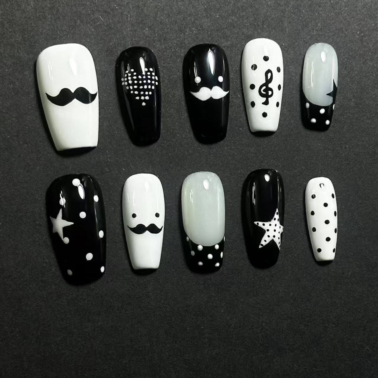 Black White Mustache Star Press-On Nails - Retro Mid Coffin False Nails