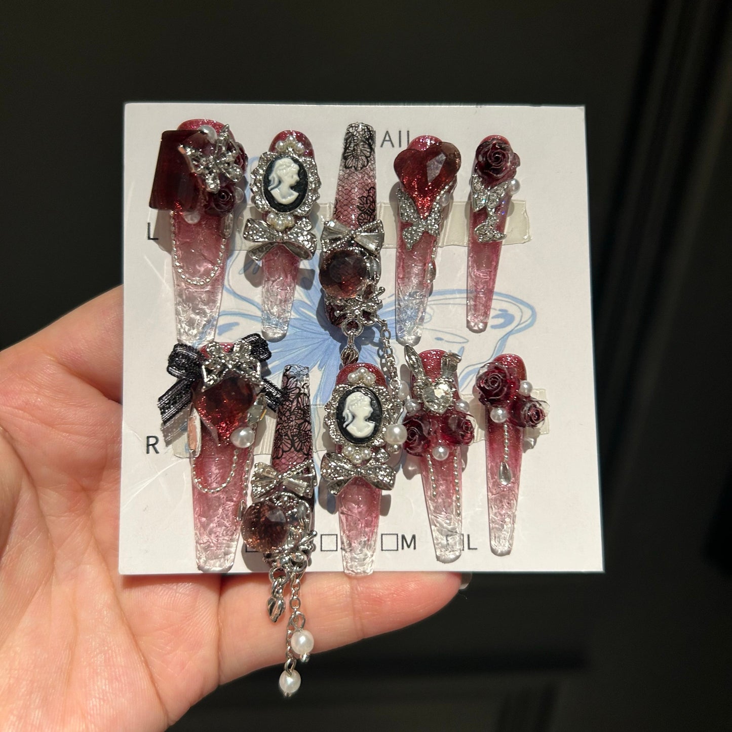 Gothic Lace Red Butterfly Press-On Nails — Handmade Vintage Ice-Crackle Glass Coffin Fake Nails (Reusable)