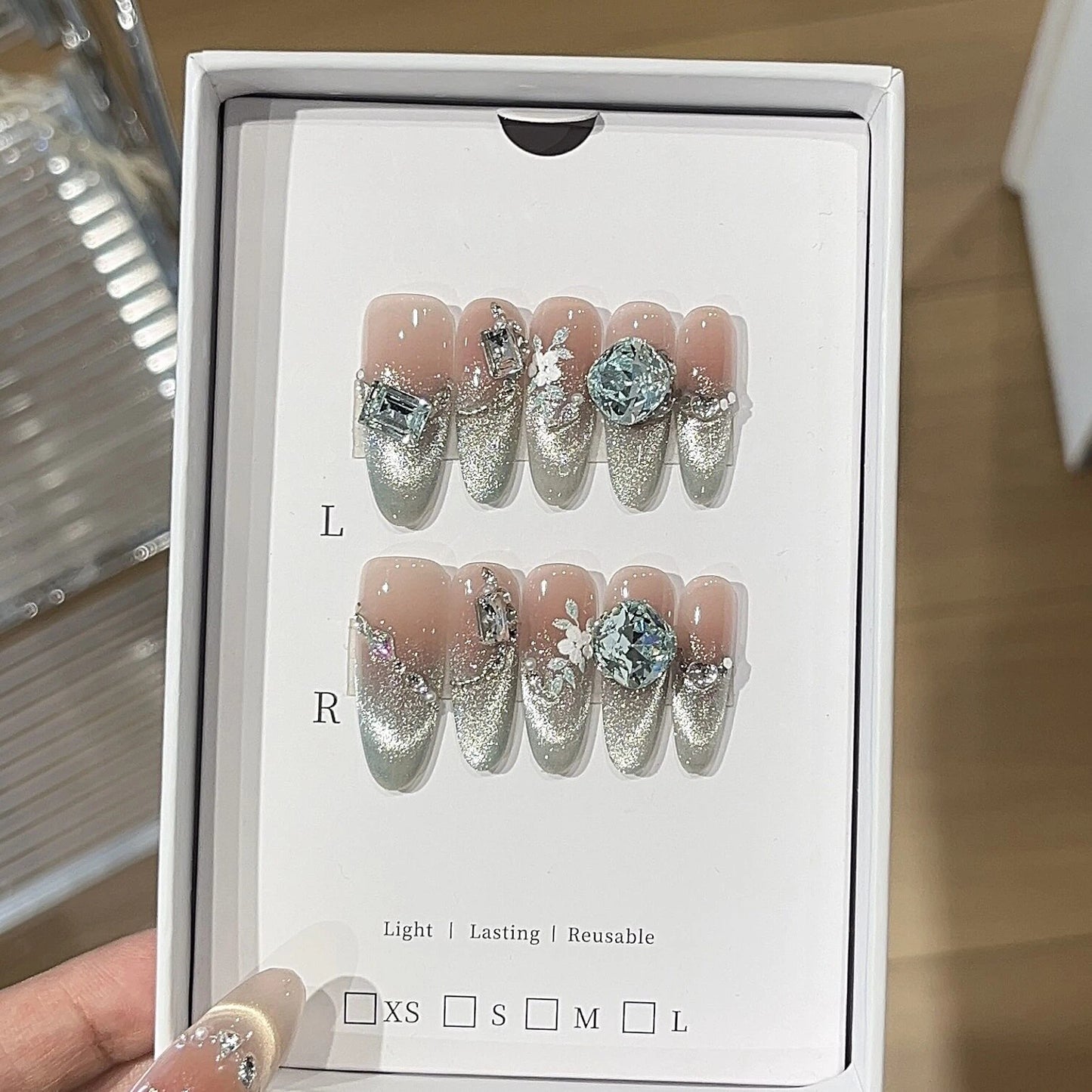 Green Cat-Eye Floral Press-On Nails