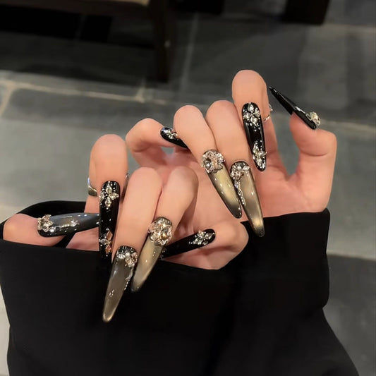 Luxe Black Gold Cat-Eye Press-On Nails — Handmade Rhinestone Long Fake Nails (Reusable)