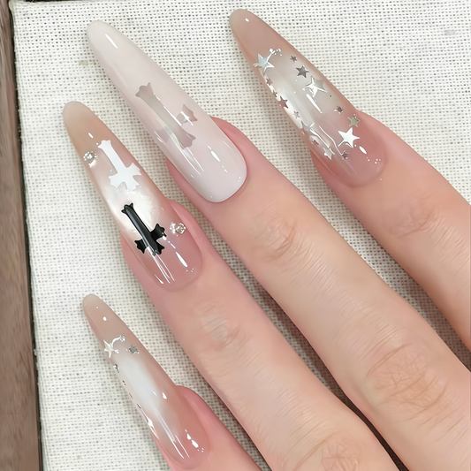 Glass Bead Cat-Eye Press-On Nails — Cross Charm Sweet Edgy Medium-Long Set