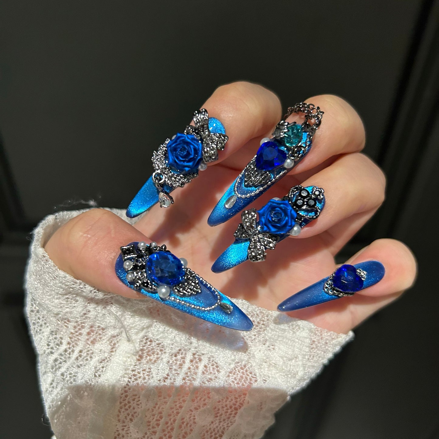 Deep Space Blue Cat-Eye Press-On Nails — Handmade Luxury Long Stiletto Fake Nails (Reusable)
