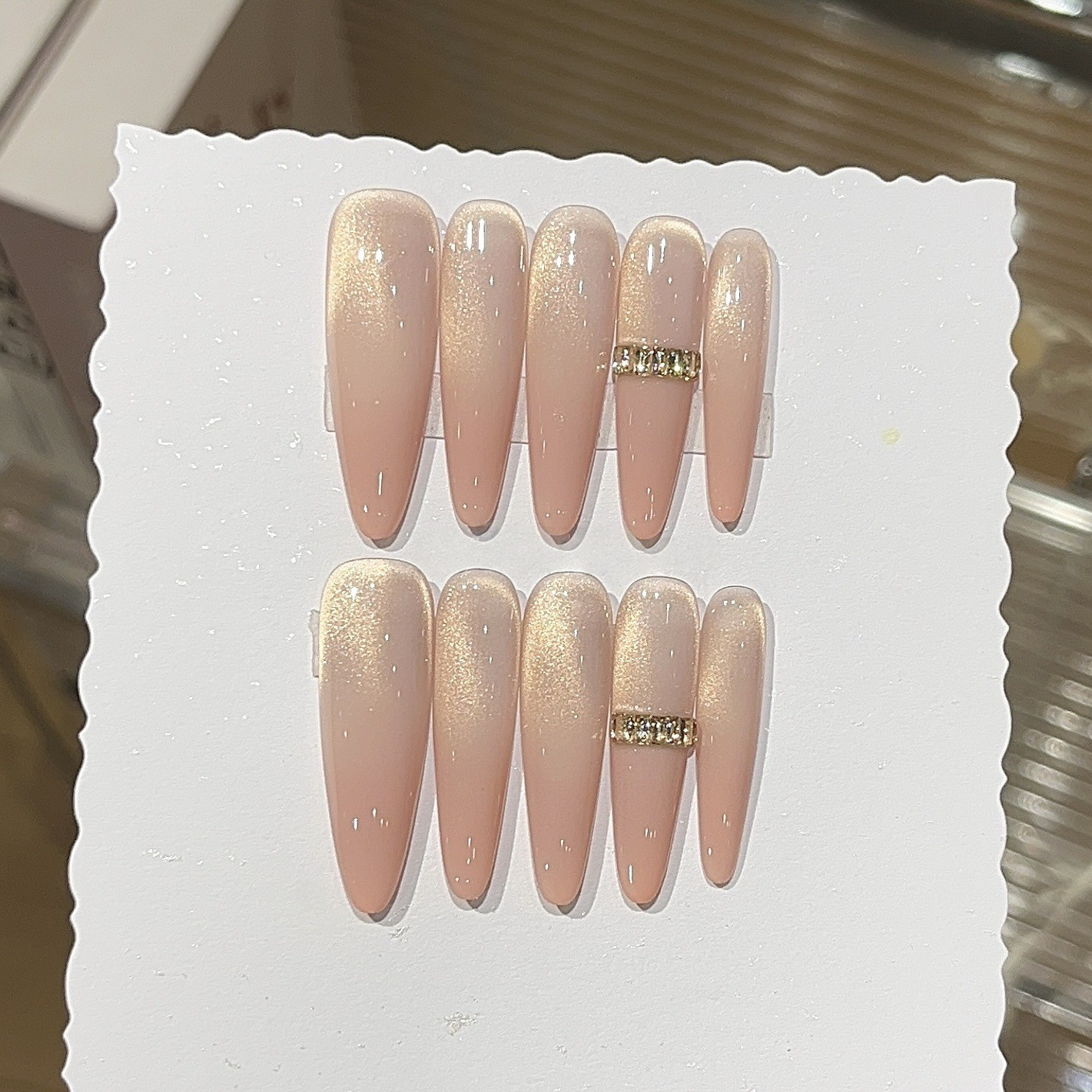 Peachy Glow Pink-Gold Cat-Eye Press-On Nails | Handmade
