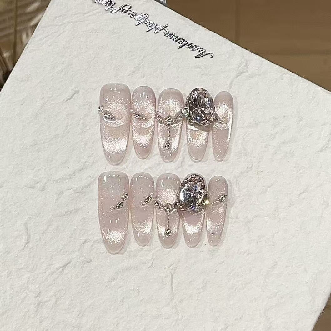 Twilight Snow | Rose Pink Cat-Eye French Chain Press-On Nails