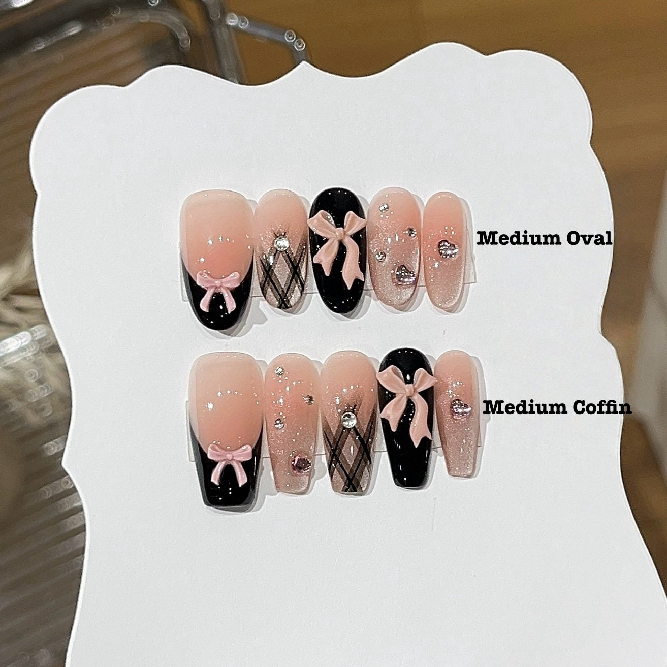 Black French Bow Cat-Eye Press-On Nails - Rhinestone Coquette Handmade
