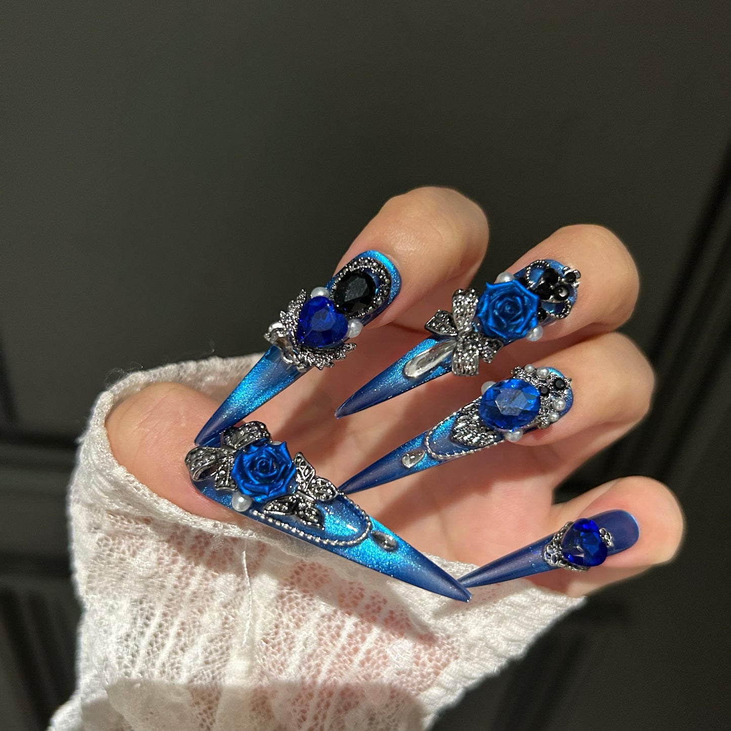 Deep Space Blue Cat-Eye Press-On Nails — Handmade Luxury Long Stiletto Fake Nails (Reusable)