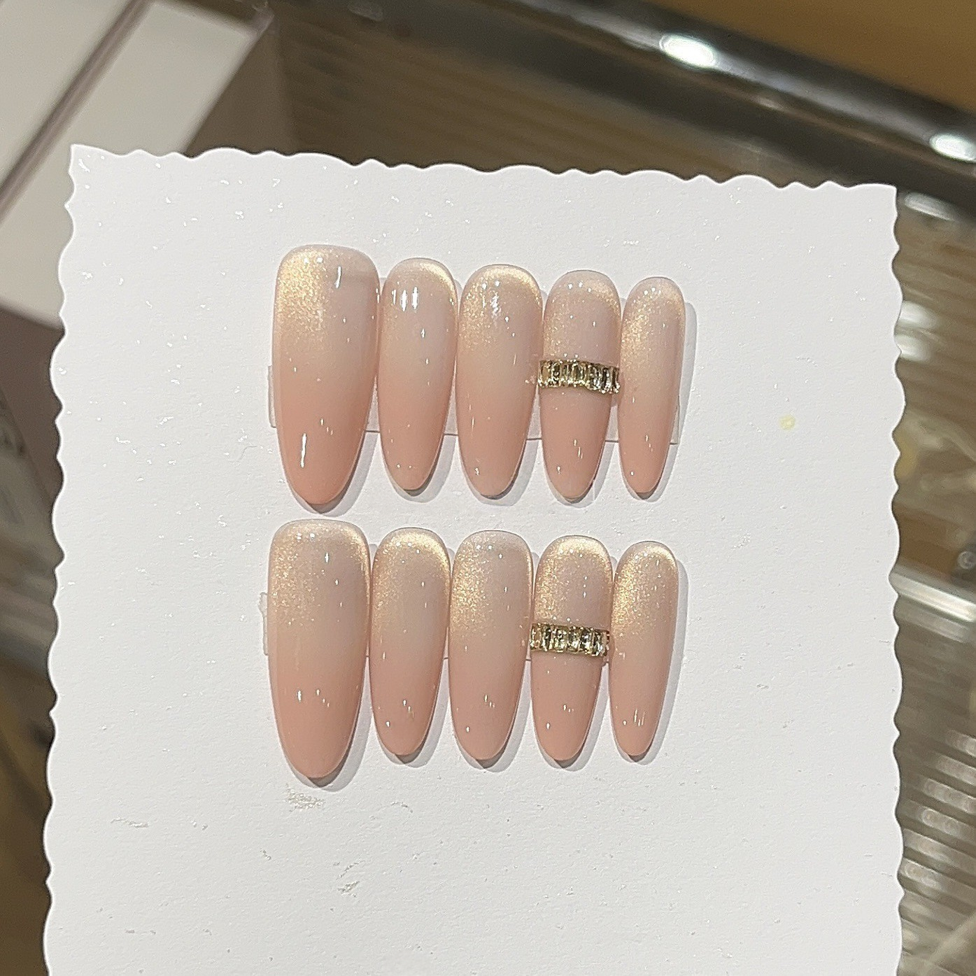Peachy Glow Pink-Gold Cat-Eye Press-On Nails | Handmade