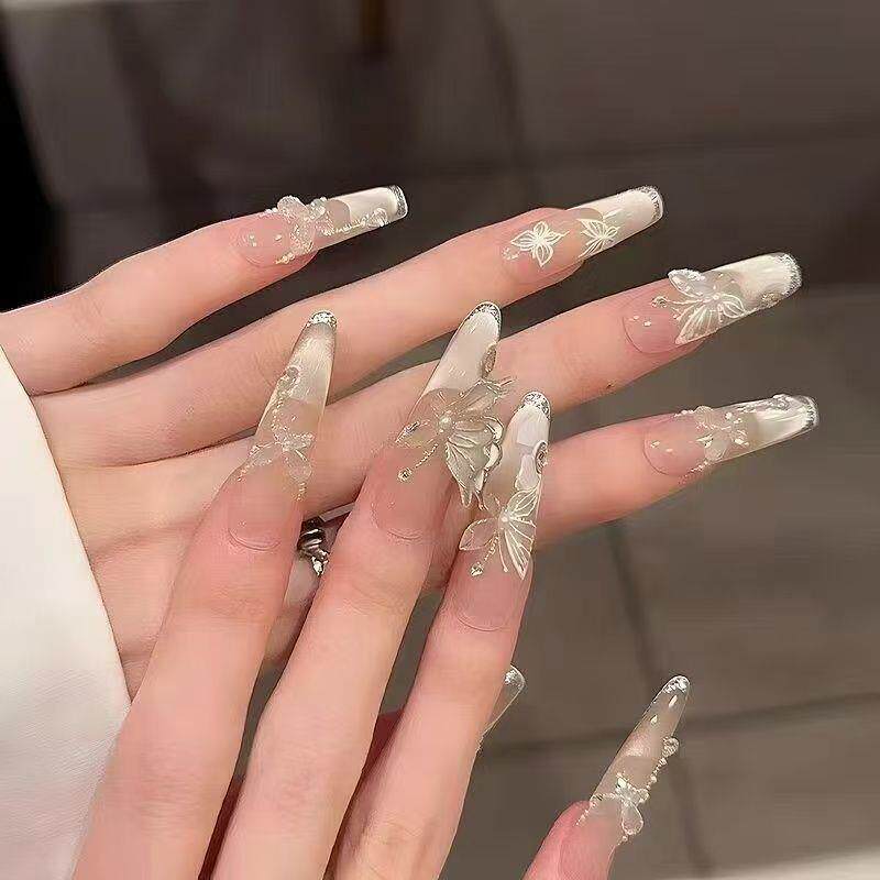Ice Dew Butterfly Cat-Eye Press-On Nails - Handmade Extra-Long Glossy Fake Nails