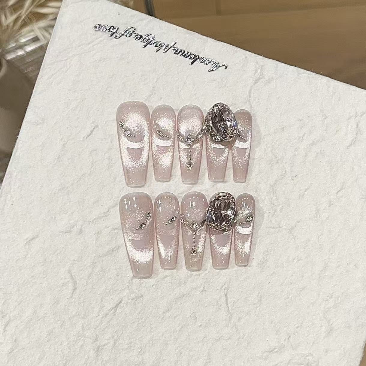 Twilight Snow | Rose Pink Cat-Eye French Chain Press-On Nails