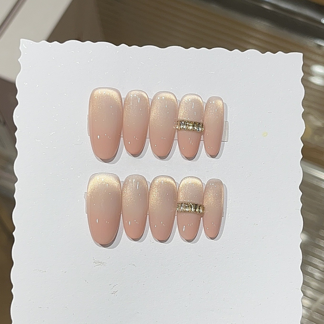 Peachy Glow Pink-Gold Cat-Eye Press-On Nails | Handmade