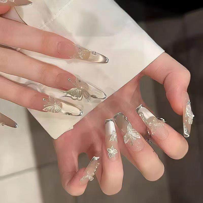 Ice Dew Butterfly Cat-Eye Press-On Nails - Handmade Extra-Long Glossy Fake Nails