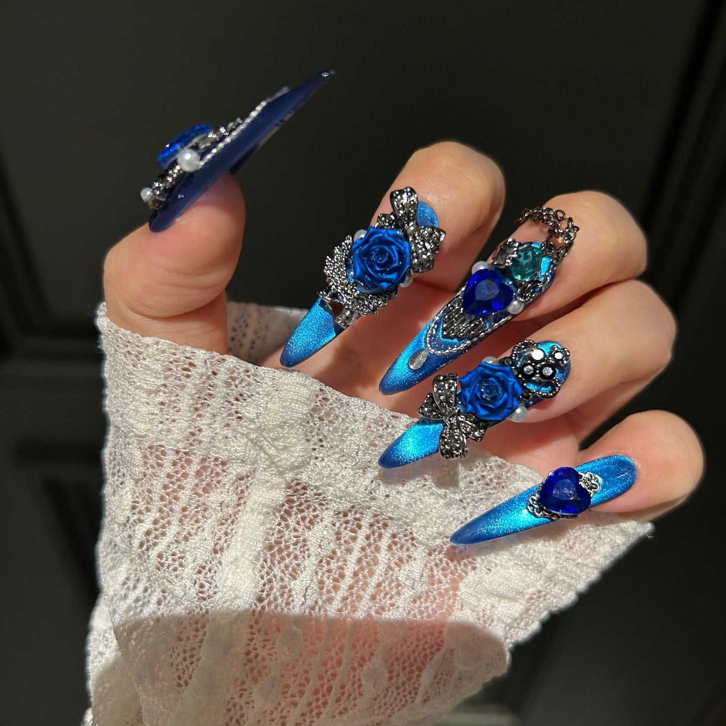 Deep Space Blue Cat-Eye Press-On Nails — Handmade Luxury Long Stiletto Fake Nails (Reusable)