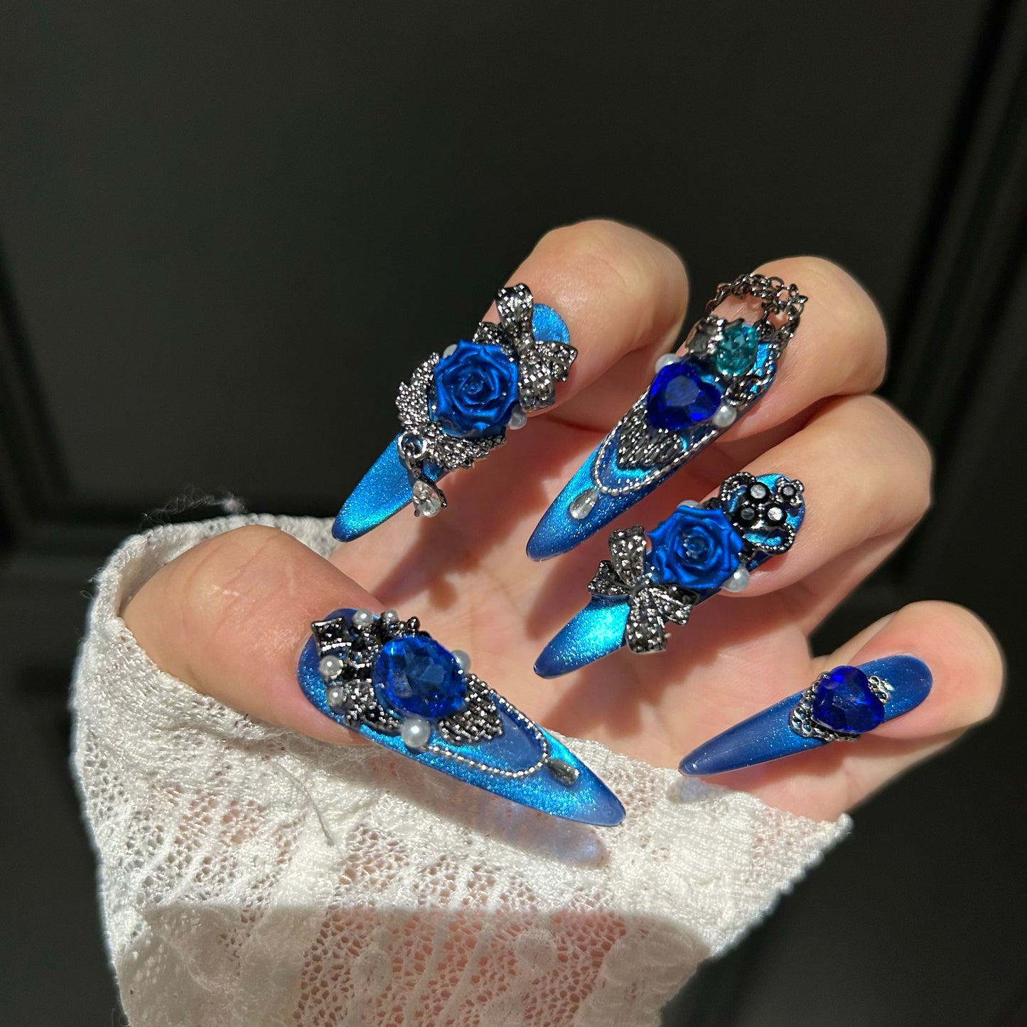 Deep Space Blue Cat-Eye Press-On Nails — Handmade Luxury Long Stiletto Fake Nails (Reusable)
