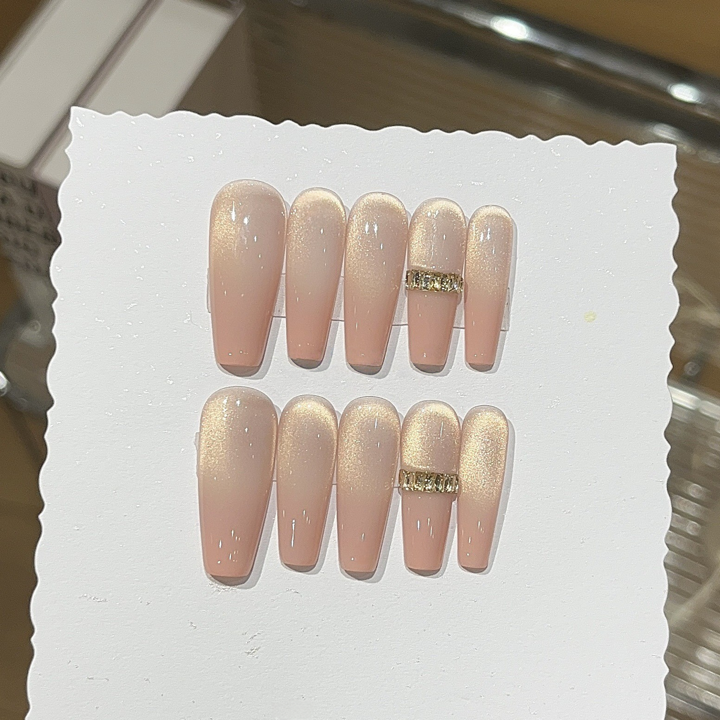 Peachy Glow Pink-Gold Cat-Eye Press-On Nails | Handmade