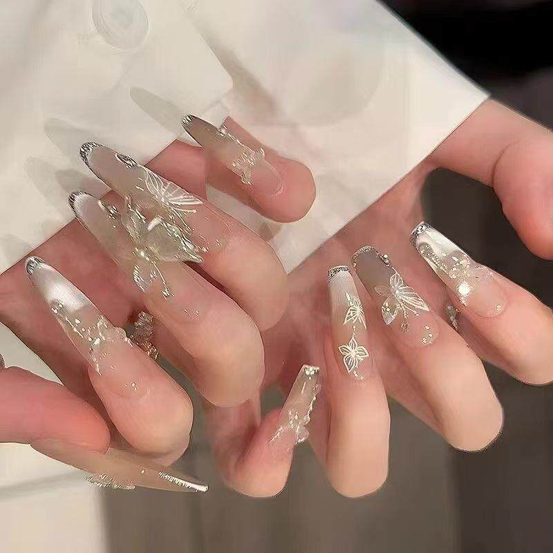 Ice Dew Butterfly Cat-Eye Press-On Nails - Handmade Extra-Long Glossy Fake Nails