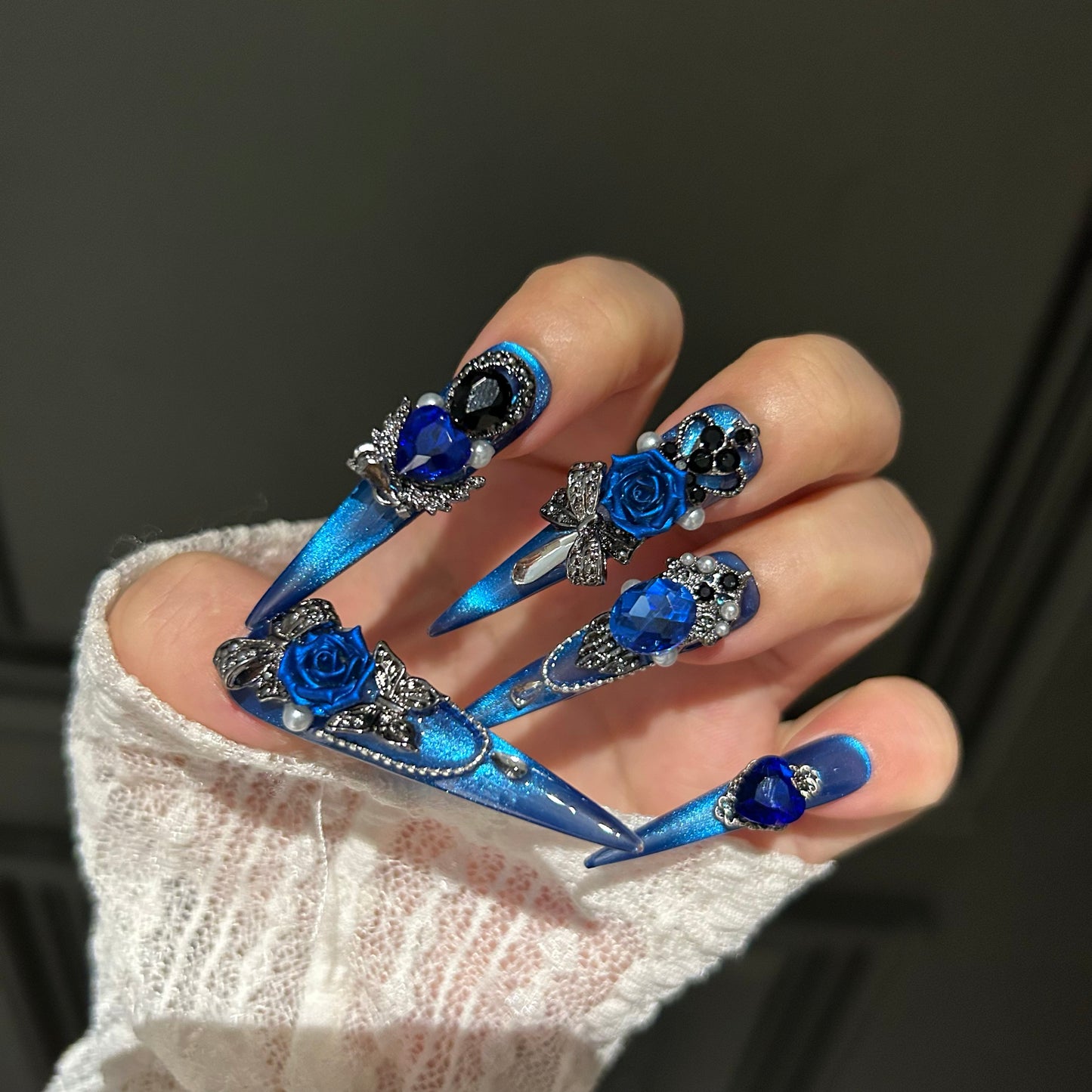 Deep Space Blue Cat-Eye Press-On Nails — Handmade Luxury Long Stiletto Fake Nails (Reusable)