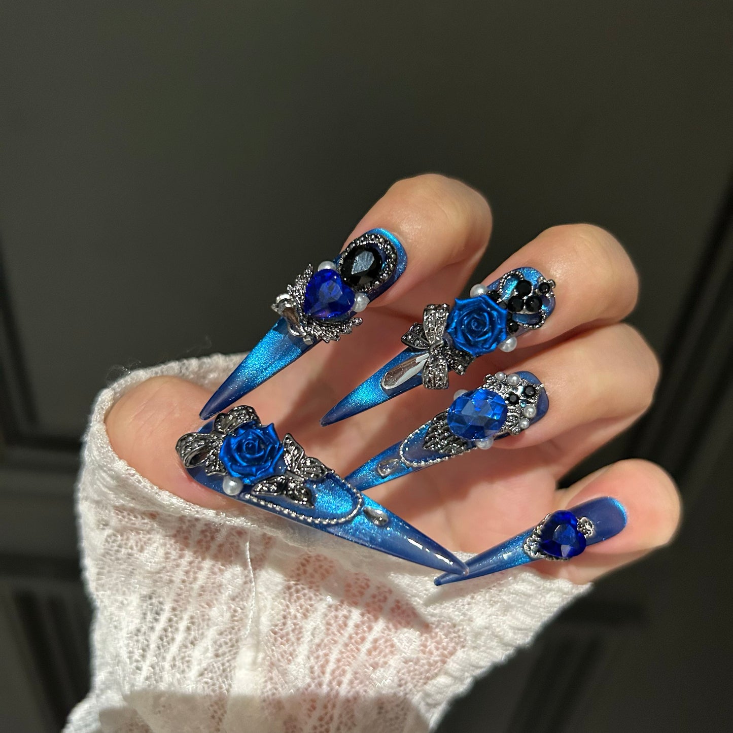 Deep Space Blue Cat-Eye Press-On Nails — Handmade Luxury Long Stiletto Fake Nails (Reusable)