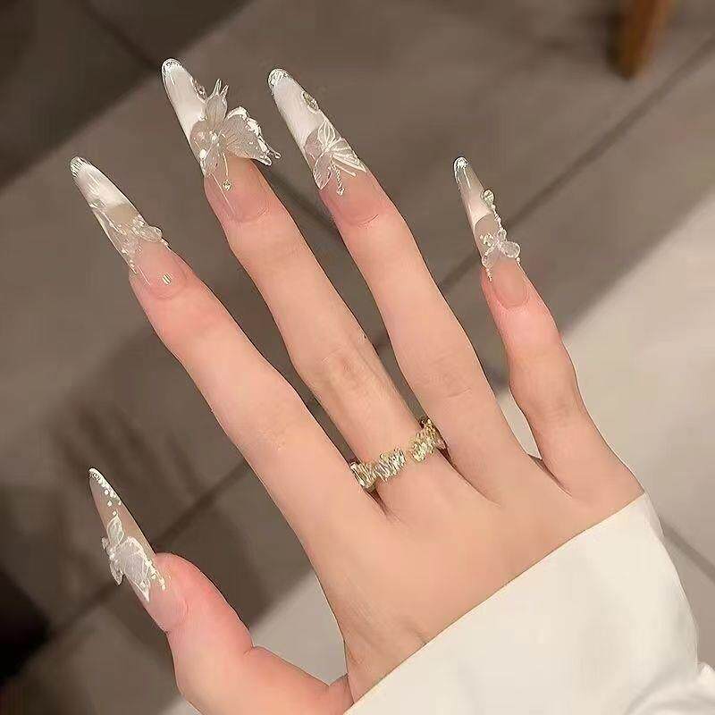 Ice Dew Butterfly Cat-Eye Press-On Nails - Handmade Extra-Long Glossy Fake Nails