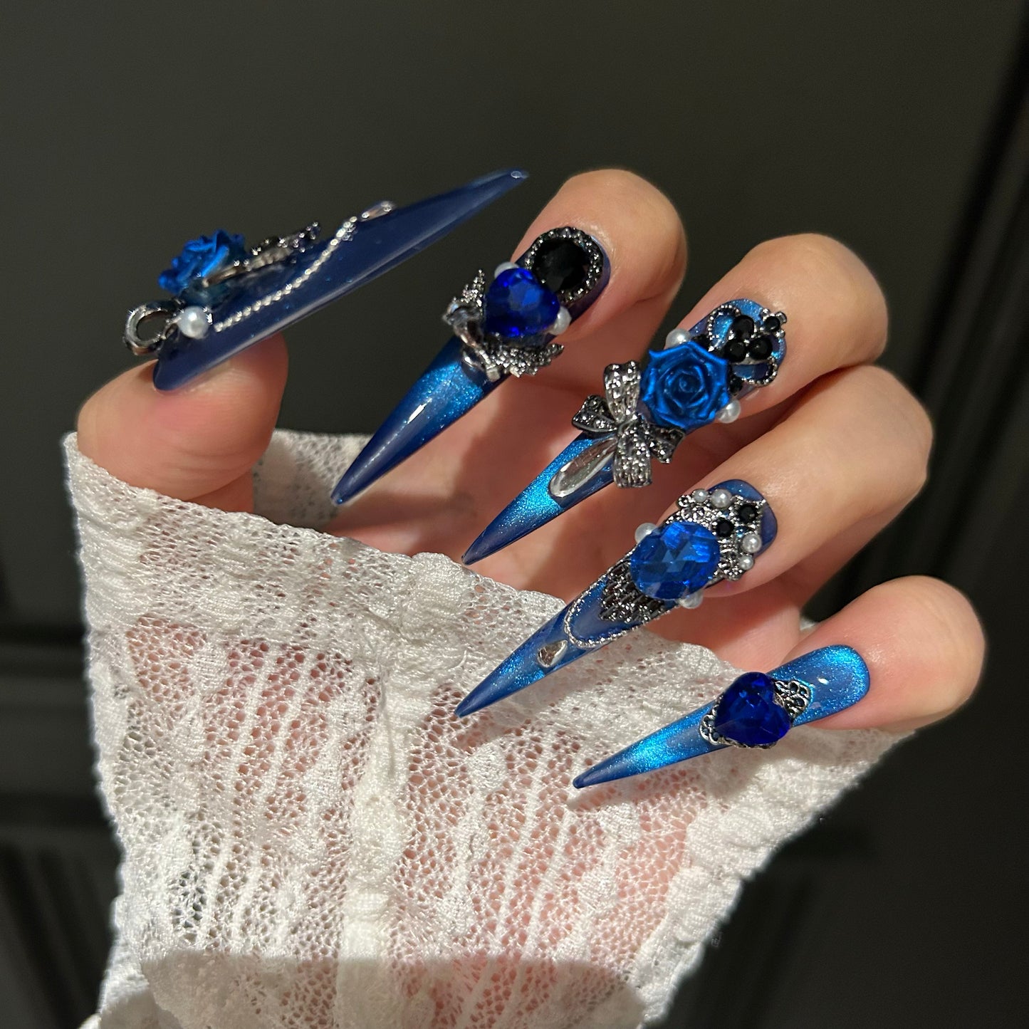 Deep Space Blue Cat-Eye Press-On Nails — Handmade Luxury Long Stiletto Fake Nails (Reusable)