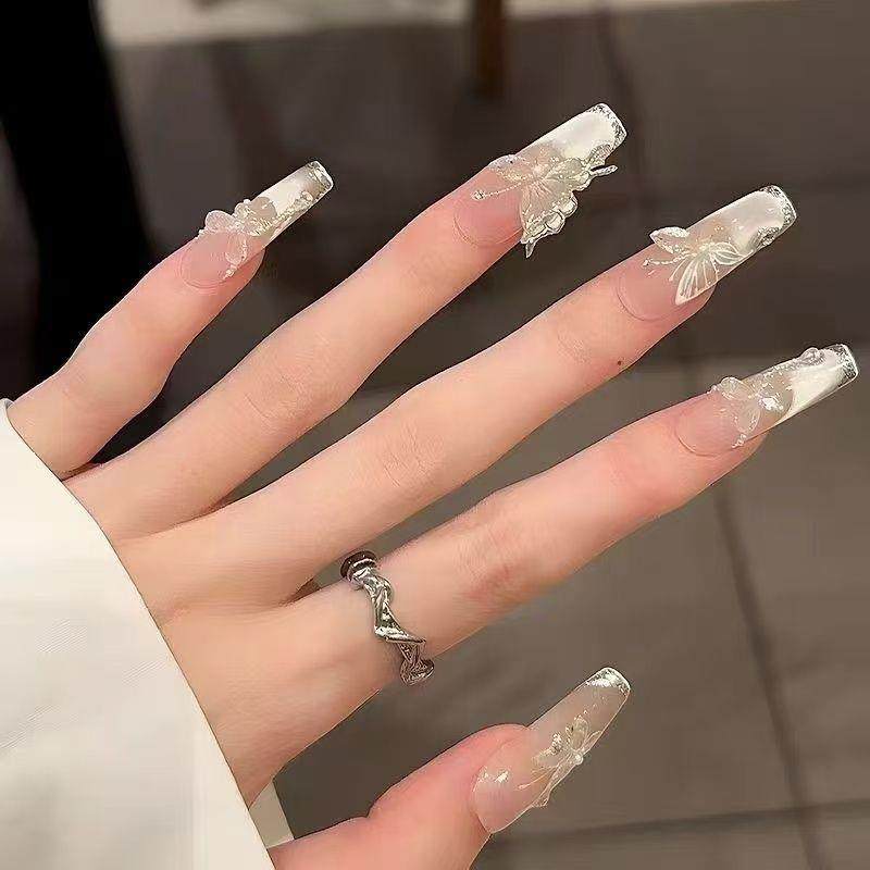 Ice Dew Butterfly Cat-Eye Press-On Nails - Handmade Extra-Long Glossy Fake Nails