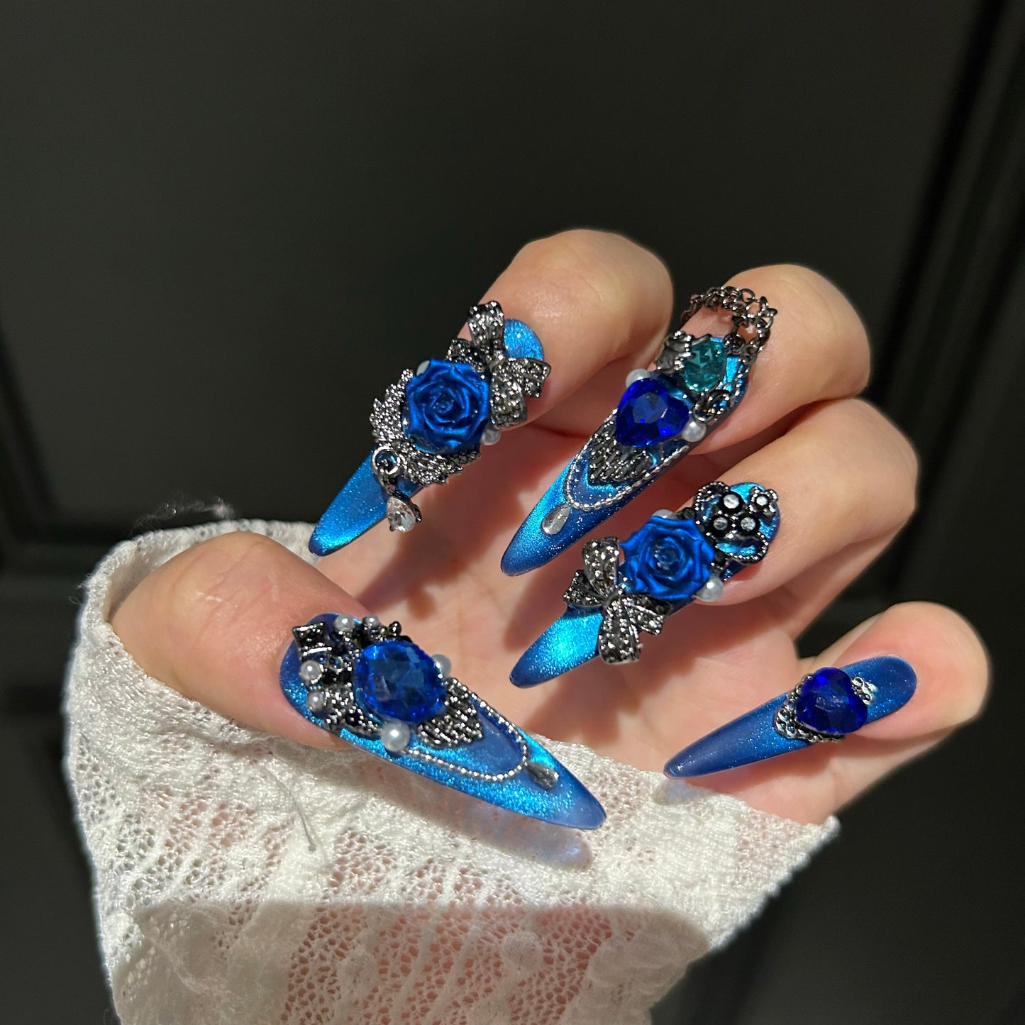 Deep Space Blue Cat-Eye Press-On Nails — Handmade Luxury Long Stiletto Fake Nails (Reusable)