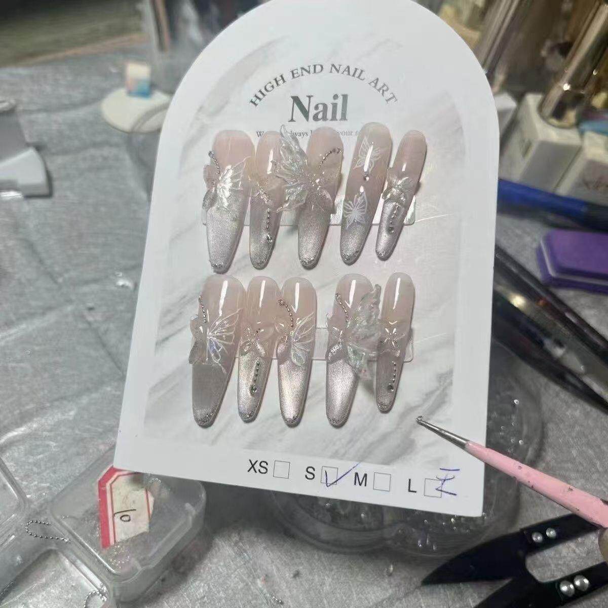 Ice Dew Butterfly Cat-Eye Press-On Nails - Handmade Extra-Long Glossy Fake Nails