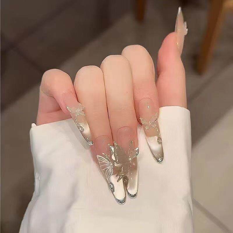 Ice Dew Butterfly Cat-Eye Press-On Nails - Handmade Extra-Long Glossy Fake Nails