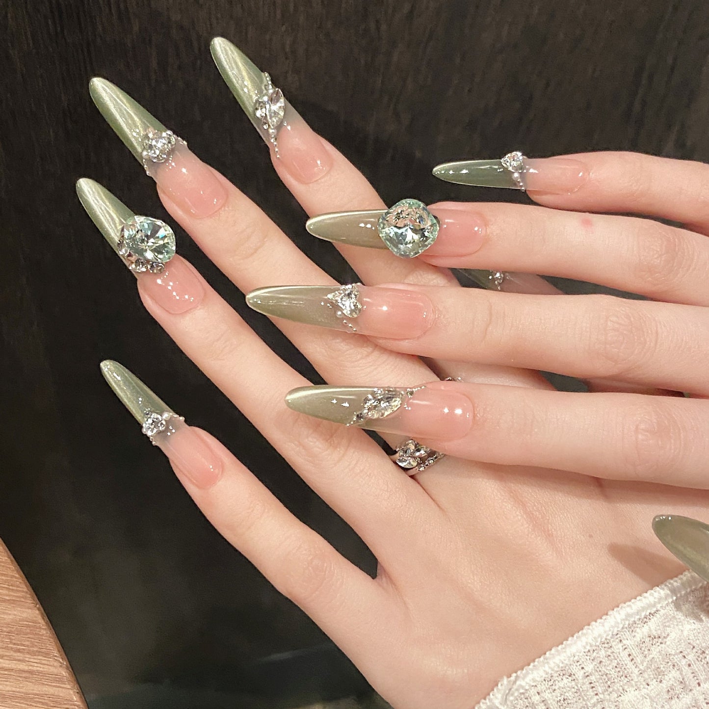 Olive Green & Mint Cat-Eye Press-On Nails